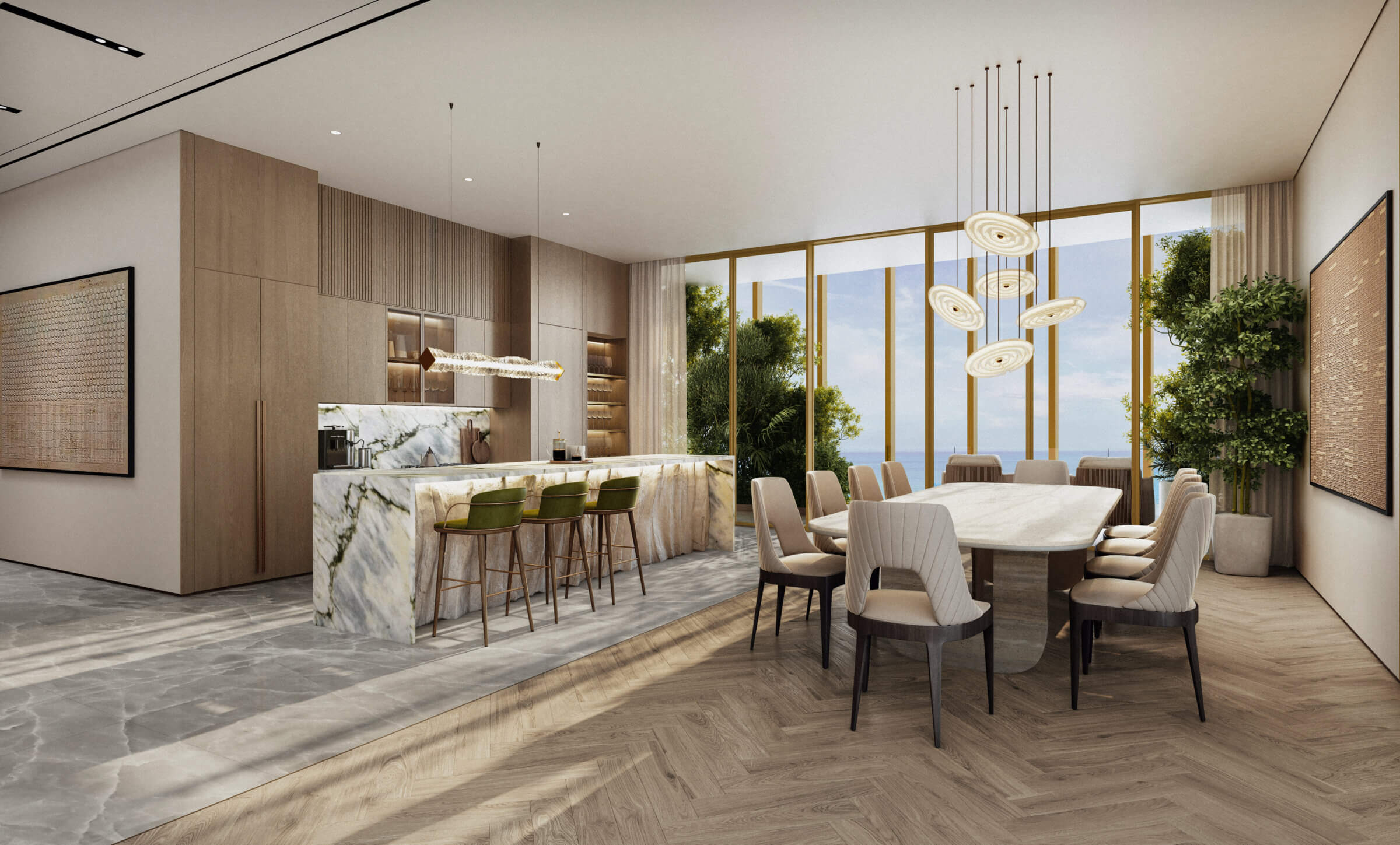 Modern kitchen and dining room with sea view